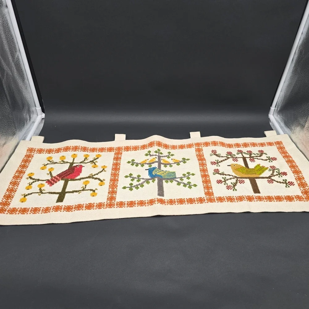 Vintage Handmade Needlepoint Bird Wall Hanging Cross Stitch Folk Art 3 Panel